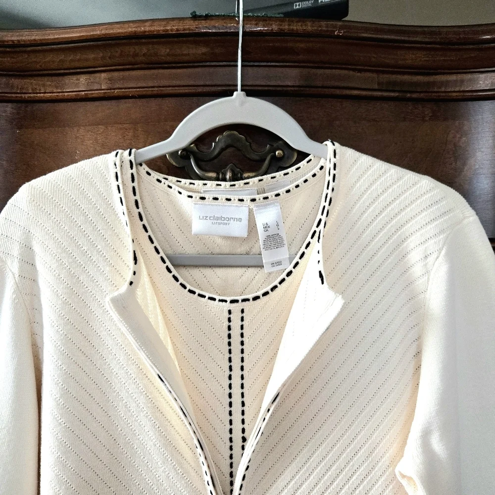 Liz Claiborne, Sweater twin-set. Off White/black. Large - Picture 6 of 15